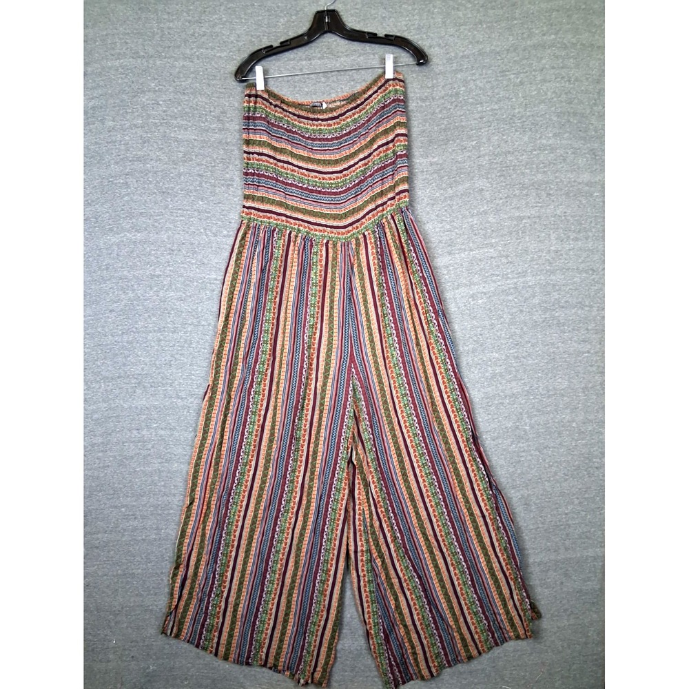 Earthbound Womens Jumpsuit XL Multi Stripe Neutral Wide Leg Tube Top Lagenlook